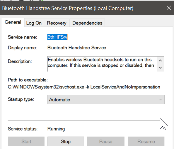 bluetooth handsfree service windows 10