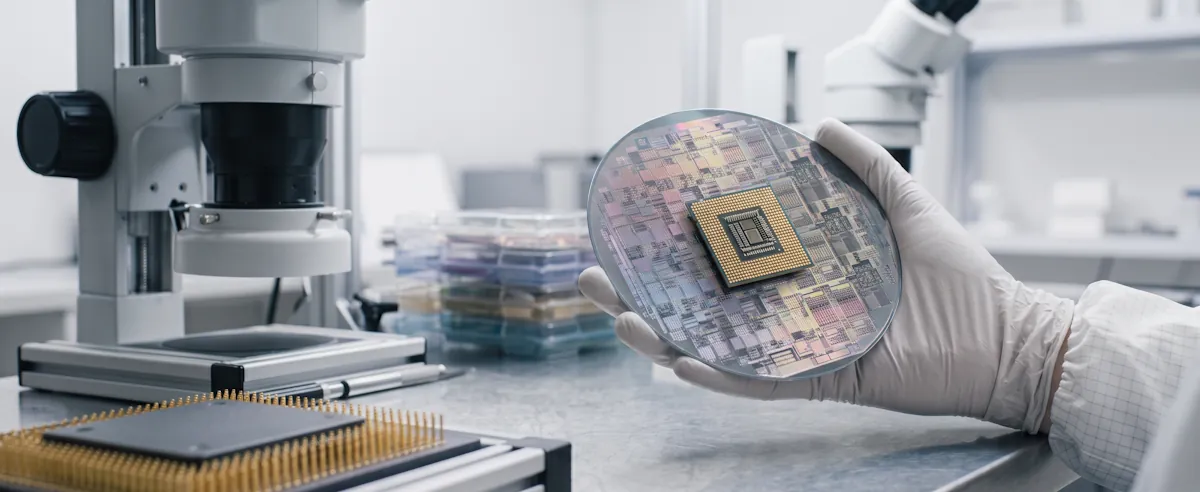 Close-up of a semiconductor wafer and chip packaging under focused industrial lighting