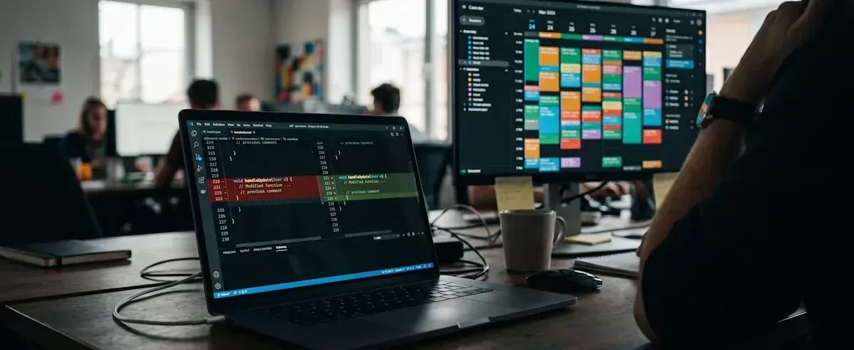 An engineering manager's laptop open to an IDE with a pull request diff, a calendar full of meetings visible on a second monitor behind it