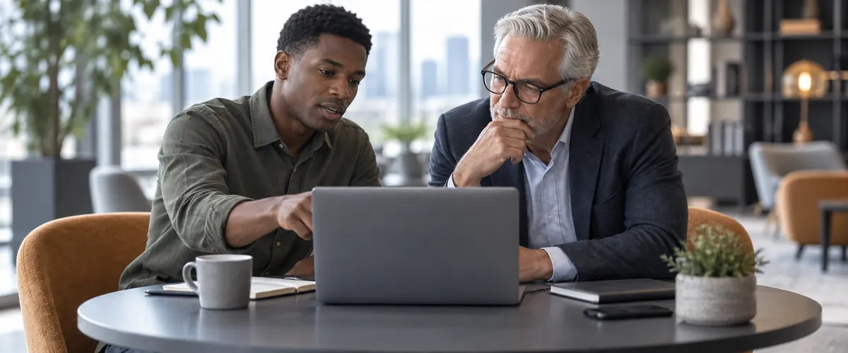 A senior leader in a side conversation leaning in to listen while a younger colleague points at a laptop screen, both seated as equals at a small table.