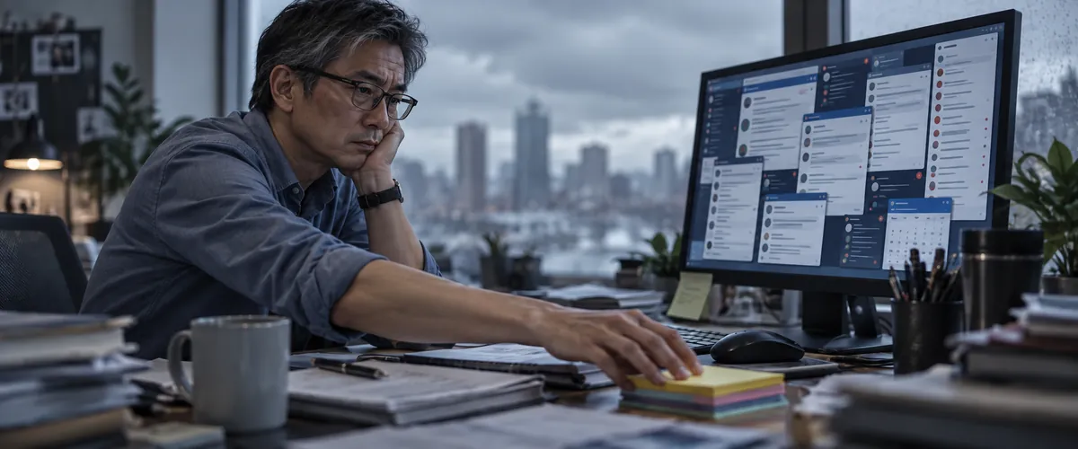 A manager at a cluttered desk reaching toward a stack of sticky notes while a monitor behind them shows a crowded grid of chat and notification windows.