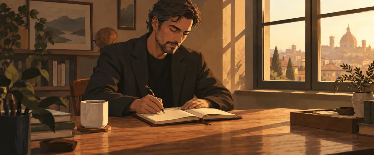 A solitary figure at a wooden table closing a worn leather notebook, morning light from a nearby window