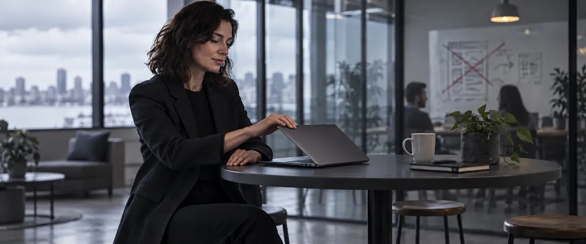 A product leader closing a laptop showing a simple prototype, standing near a whiteboard with a crossed-out sketch behind them