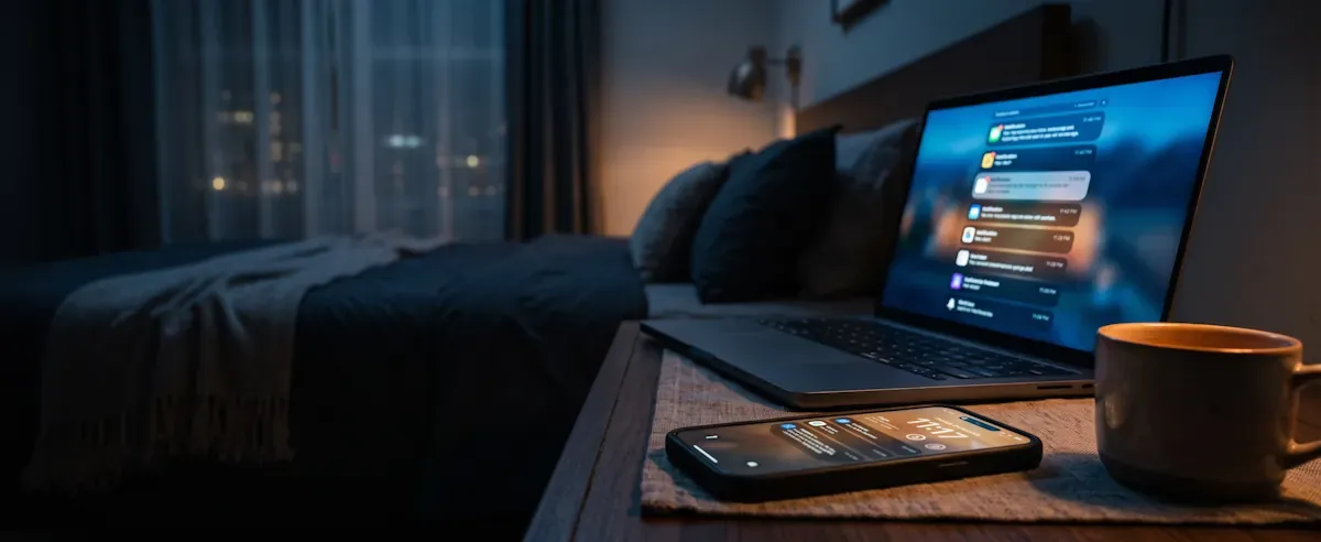 A pager and a laptop on a nightstand in a dim room, the laptop screen showing a stack of alert notifications
