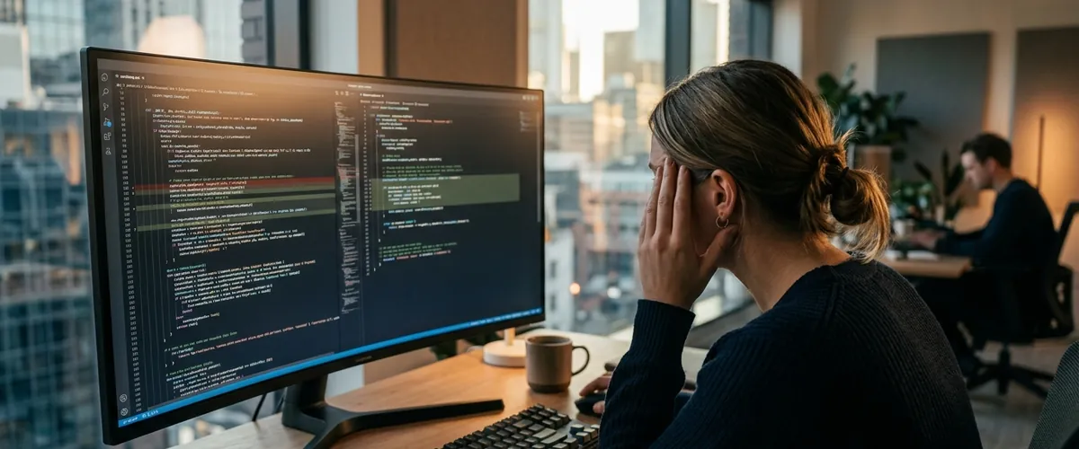 A developer examining two contrasting code diffs on a monitor, one sprawling and complex, the other clean and compact.
