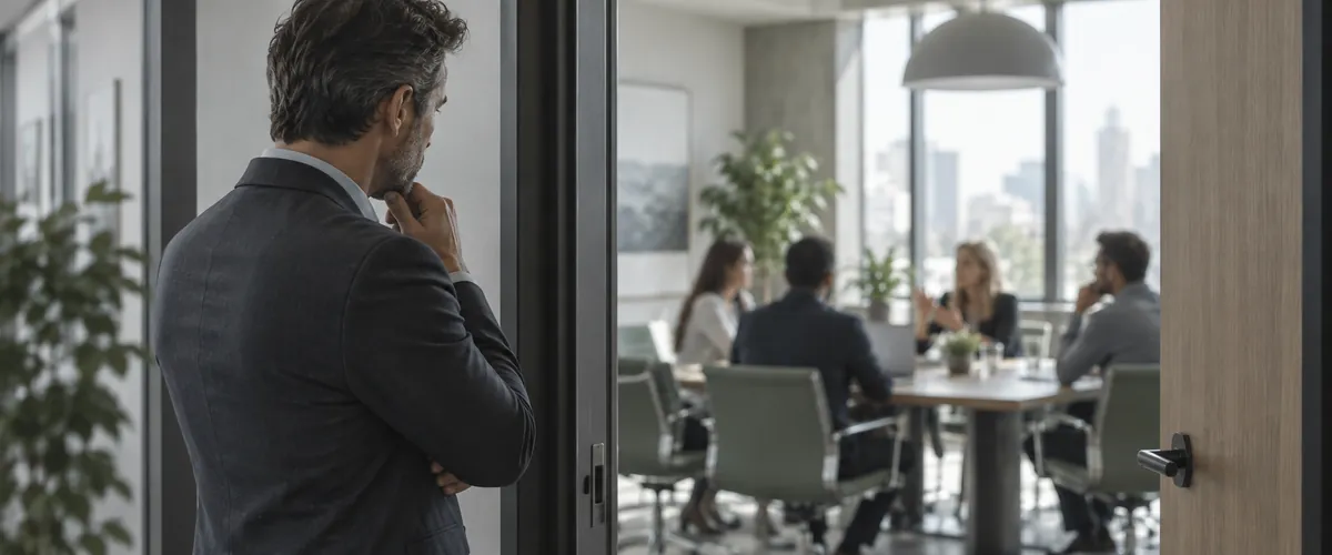 A leader standing at an open doorway, watching a team work through a problem on a whiteboard without stepping into the room.