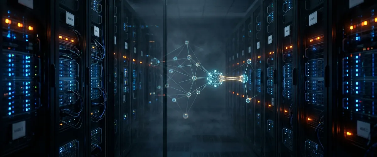 An abstract server room visualization highlighting an unmonitored external network bridge.