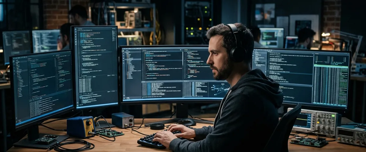 A software engineer orchestrating multiple parallel agent tasks on a widescreen terminal setup.